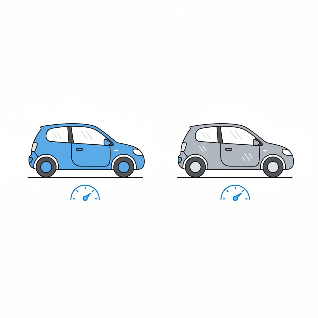 Side by side minimalist vector comparison of a clean low mileage car and an older high mileage car illustrating trade in value car differences
