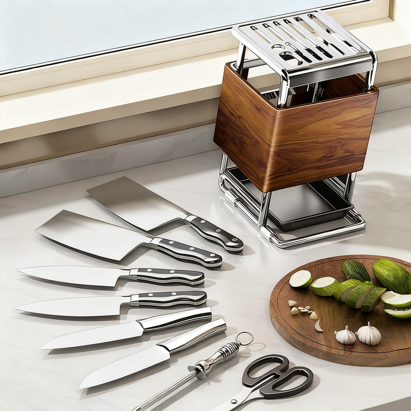 Knife holder made of carbon steel with cutlery compartment
