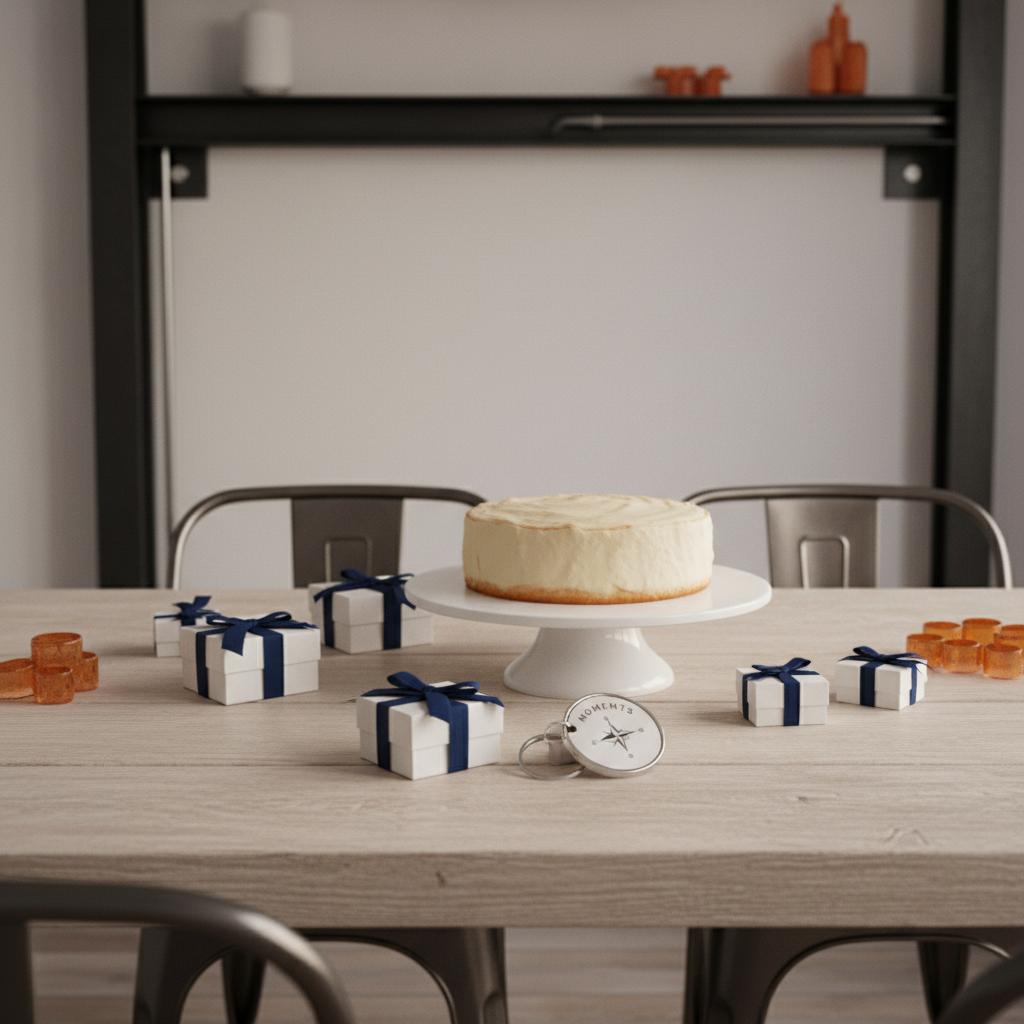 Naheaufnahme eines Esstischs mit Vanillekuchen, mehreren kleinen Geschenken und graviertem Metall‑Schlüsselanhänger als geldgeschenk 14-jährige, warmes Licht, minimalistisches industrielles Flair