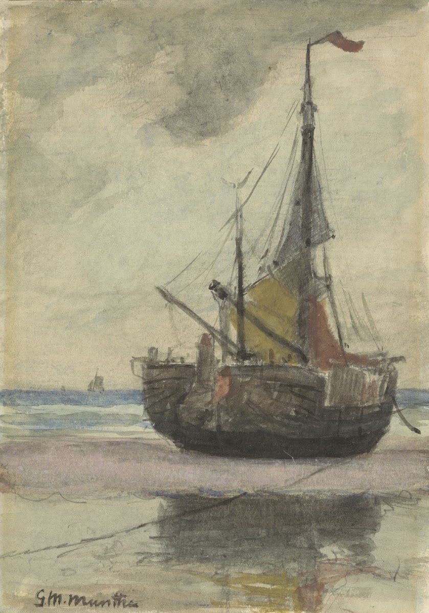 Vissersboot op het strand met gereefd zeil 1885   1960
