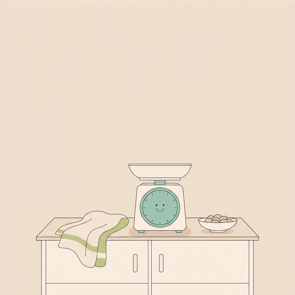 Welche Übungen sind die besten für Zuhause? Freundliche Vektorillustration: Waage mit Smiley auf Sideboard, Leinen-Decke links und Schale mit Nüssen, ruhige Naturfarben.