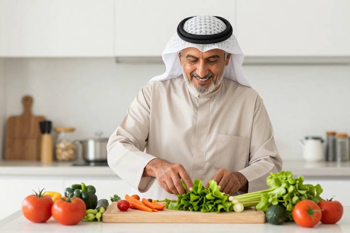 مسن يمارس الطهي في المطبخ لتعزيز صحة الدماغ