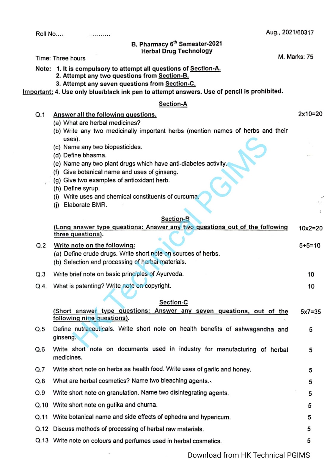 BP603T Herbal Drug Technology Aug 2021 UHSR 6th Semester B.Pharmacy Previous Year's Question Paper,BP603T Herbal Drug Technology,BPharmacy,Previous Year's Question Papers,BPharm 6th Semester,PGIMS Question Paper,Improvement sessional UHSR,