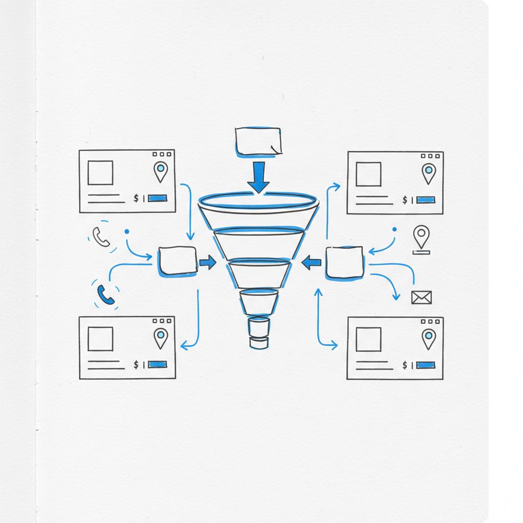 Top-down notebook page with hand-drawn lead funnel and simplified property cards for a real estate CRM, minimalist white layout with blue accent strokes.