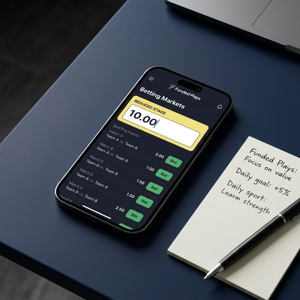 Close up mobile screen showing betting market with reduced stake field highlighted in light yellow beside a notepad and pen on a dark Funded Plays style desk betanysports sportsbook