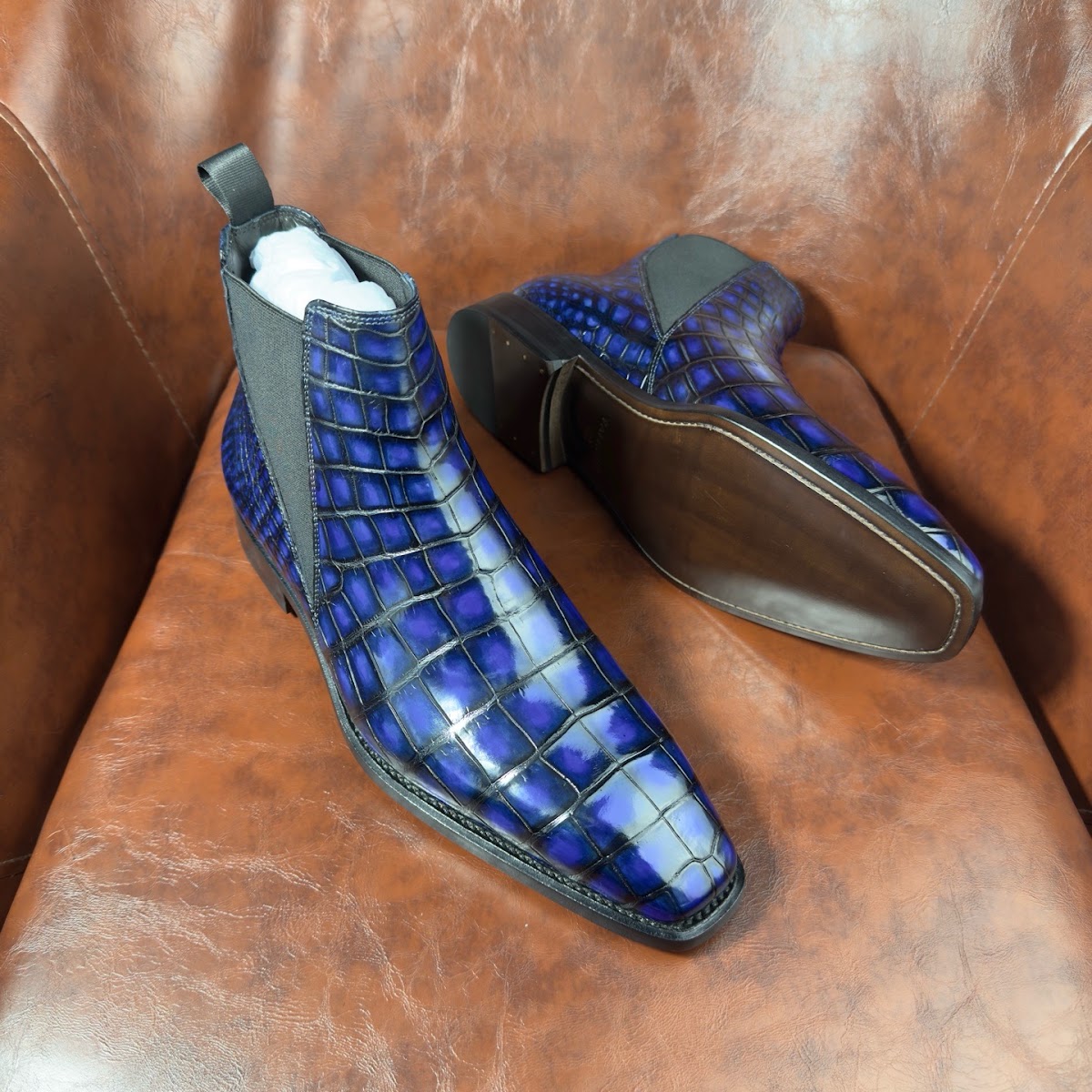 blue patina genuine alligator leather Chelsea boots for men - detail 2