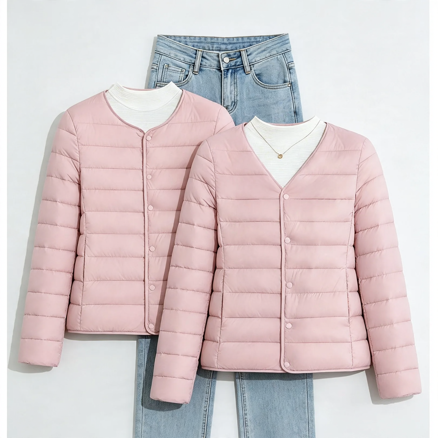 Lightweight, short women's padded jacket without a collar