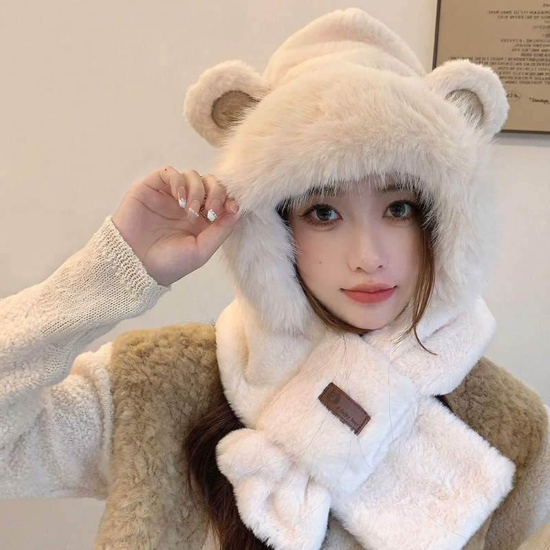 Fluffy set of hat with fox ears and scarf