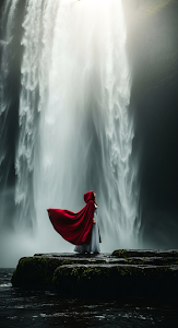 Dramatic Low-Key Cinematic Portrait of a Woman in a Billowing Red Cloak Below a Misty Waterfall