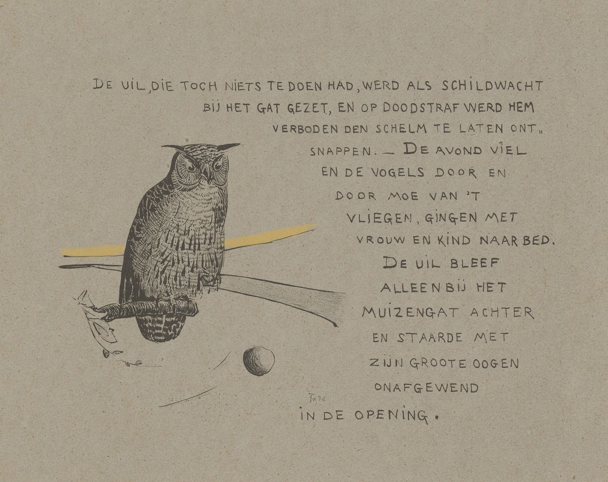 Tekstblad met uil bij een muizenhol 1892