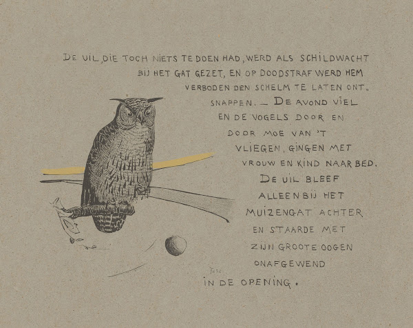 Tekstblad met uil bij een muizenhol 1892