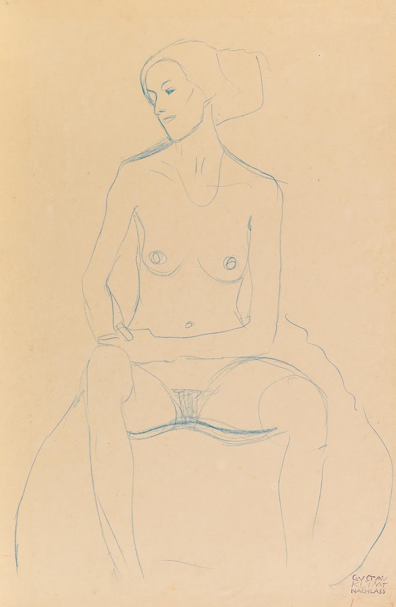 Seated nude girl from the front with tackled legs c 1907