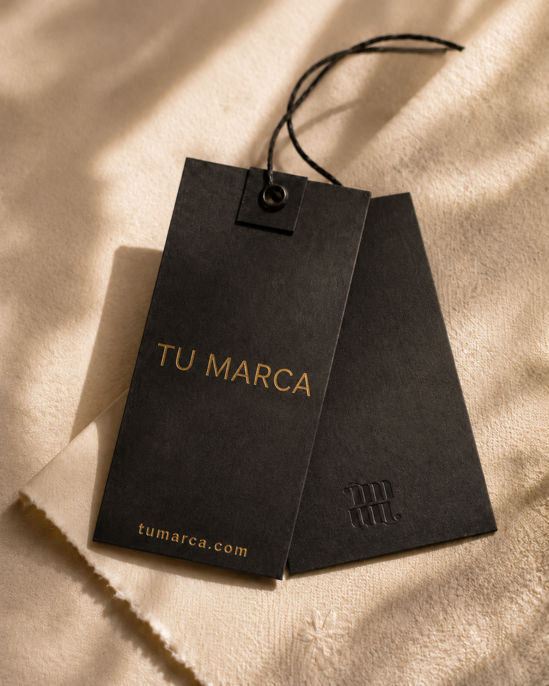 Hang tag negro con foil dorado geométrico