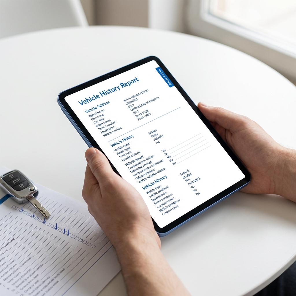 Close up of hands checking a vehicle history report on a tablet next to a car key and inspection checklist on a white table clean minimalist layout cheap cars for sale
