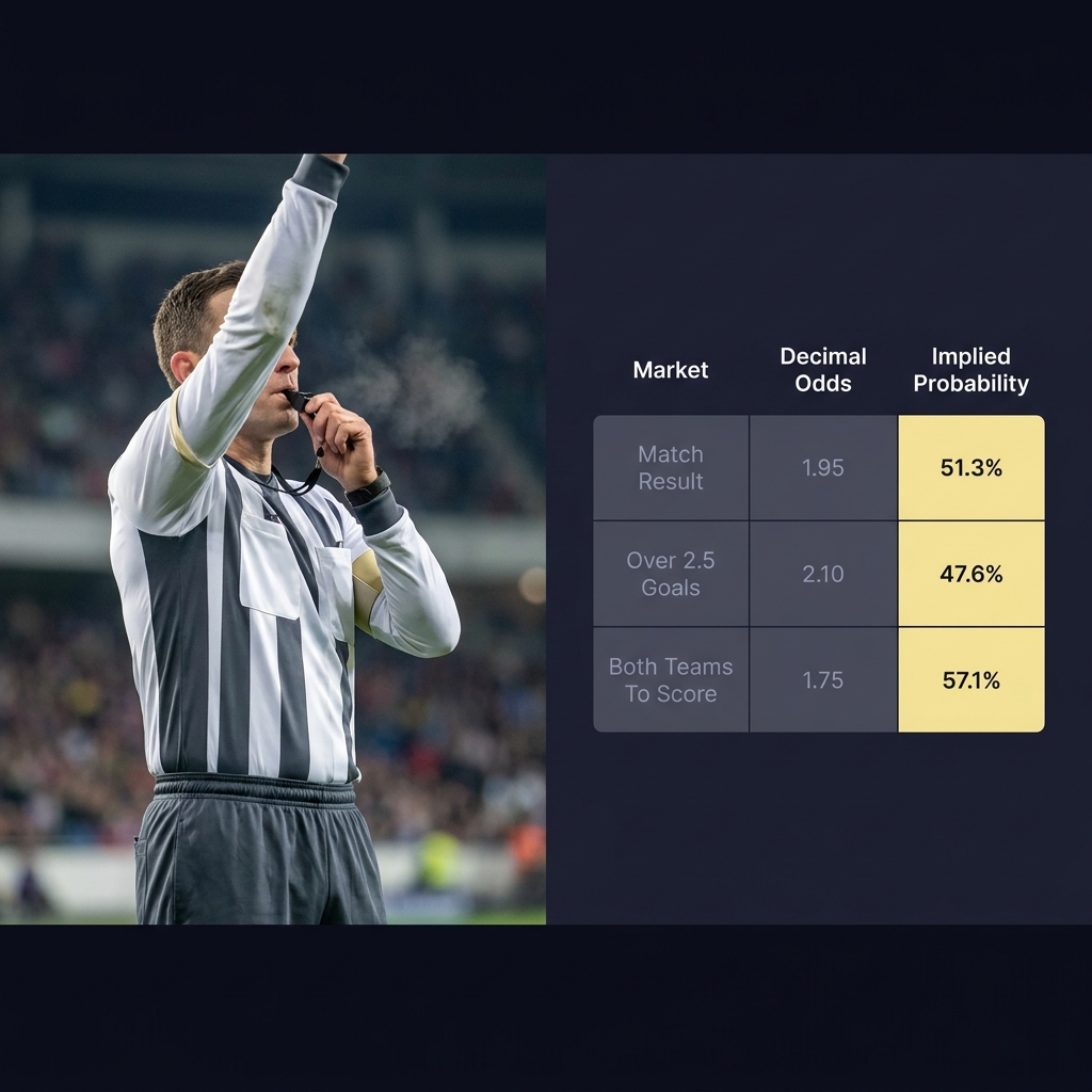 Split screen with a referee signaling a goal on the left and a minimalist odds table showing decimal odds and implied probability on the right Both Teams to Score Markets Explained