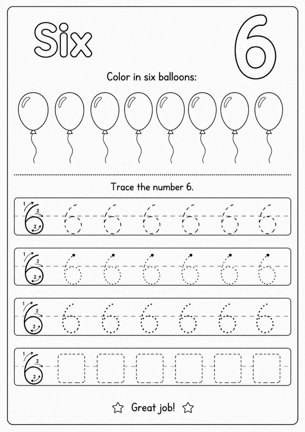 Tracing and Coloring Number Six Worksheet