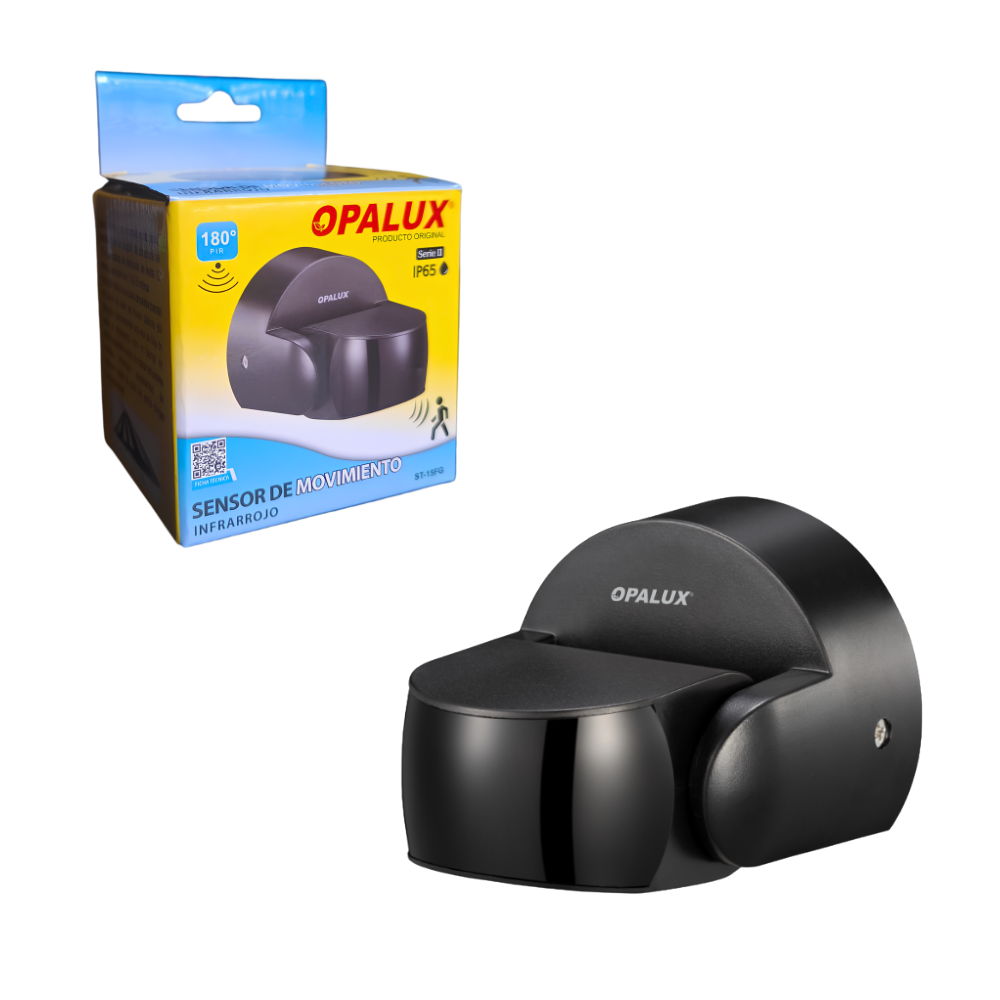 Sensor de Movimiento Infrarrojo Blanco de 12 Metros 180° con Control de Sensibilidad, Tiempo y Luz para Montaje en Pared Negro Opalux ST-15FG