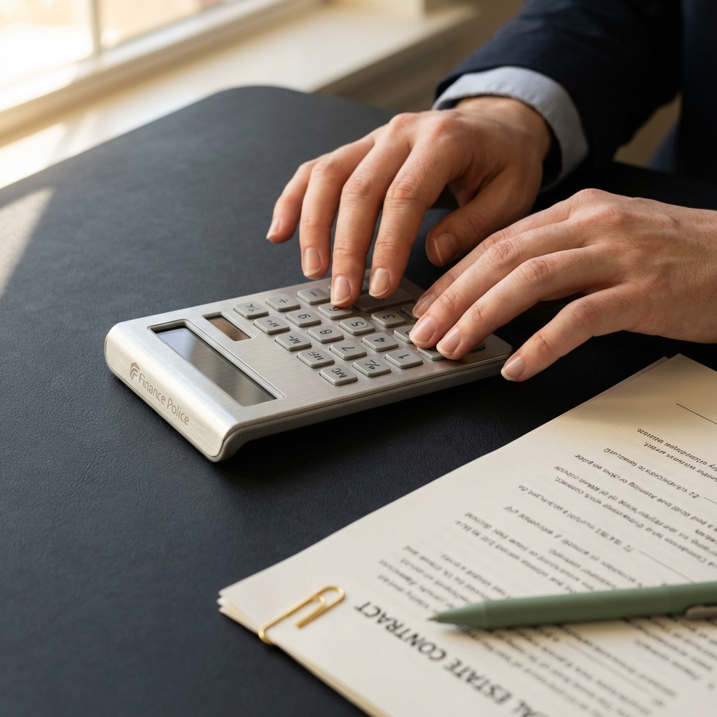Close up of hands using a calculator next to a printed real estate contract illustrating how to start a real estate investment company in a minimalist dark charcoal Finance Police styled workspace