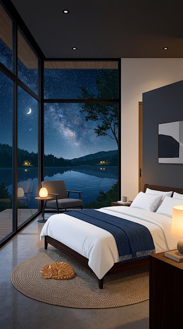 Modern Minimalist Bedroom with Starry Lake Night View - Free mobile Wallpaper