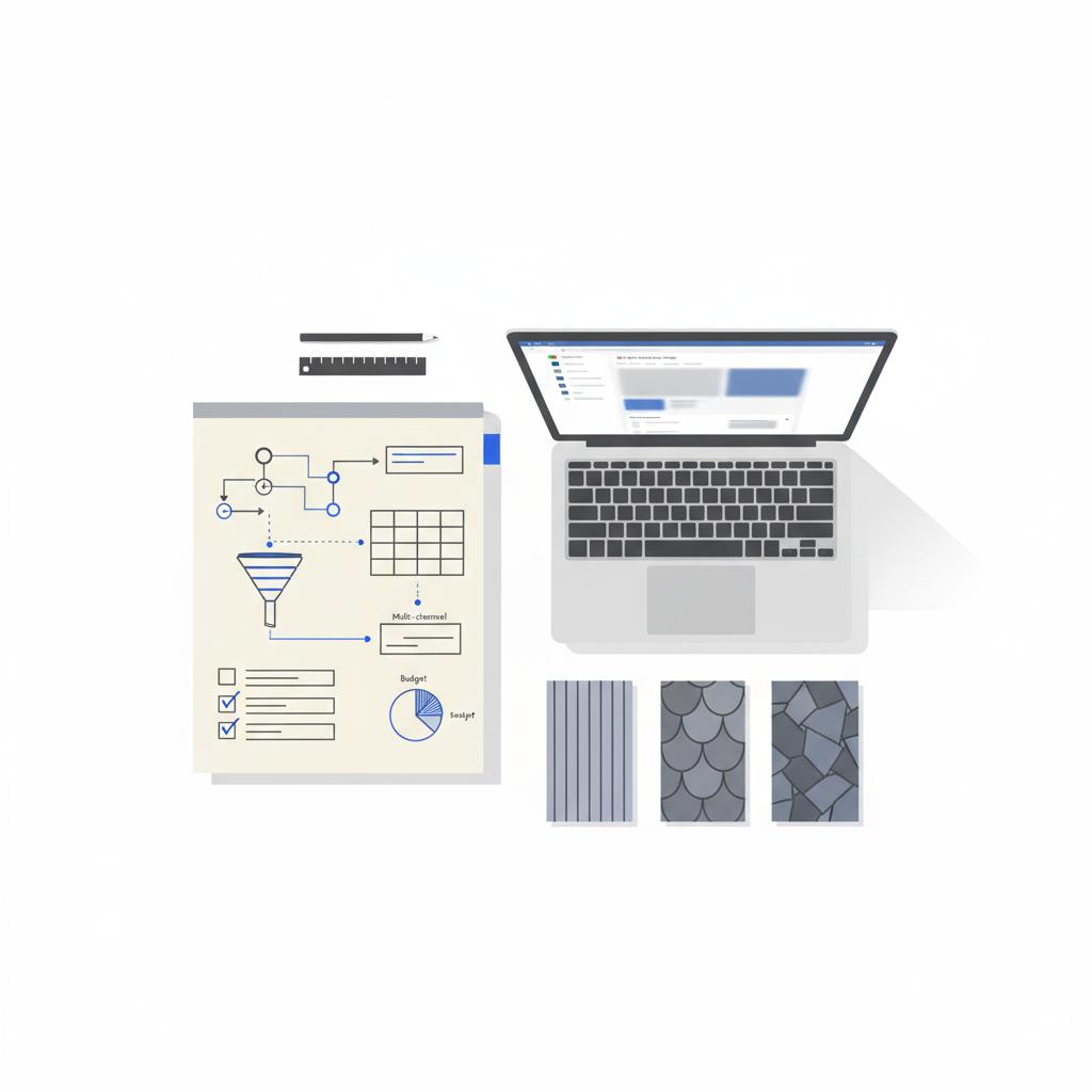 Top-down vector illustration of a minimalist workstation with roofing samples, a blurred laptop Google Business Profile mockup and hand-drawn campaign sketches for leads for roofers