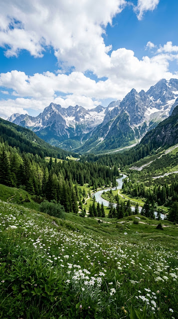 Lush Green Alpine Mountain Valley under Sky and Clouds - Free mobile Wallpaper