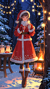 Girl in Santa coat smiles with hot cocoa in snowy forest