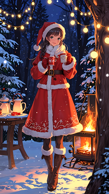 Girl in Santa coat smiles with hot cocoa in snowy forest - Free mobile Wallpaper