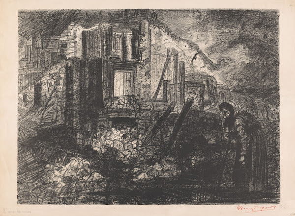 Figuur met wandelstok bij gebouwen in puin 1877   1930