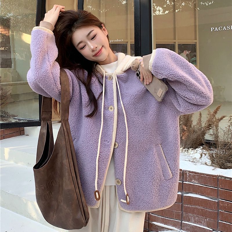 Lamb fleece hoodie for women, casual style