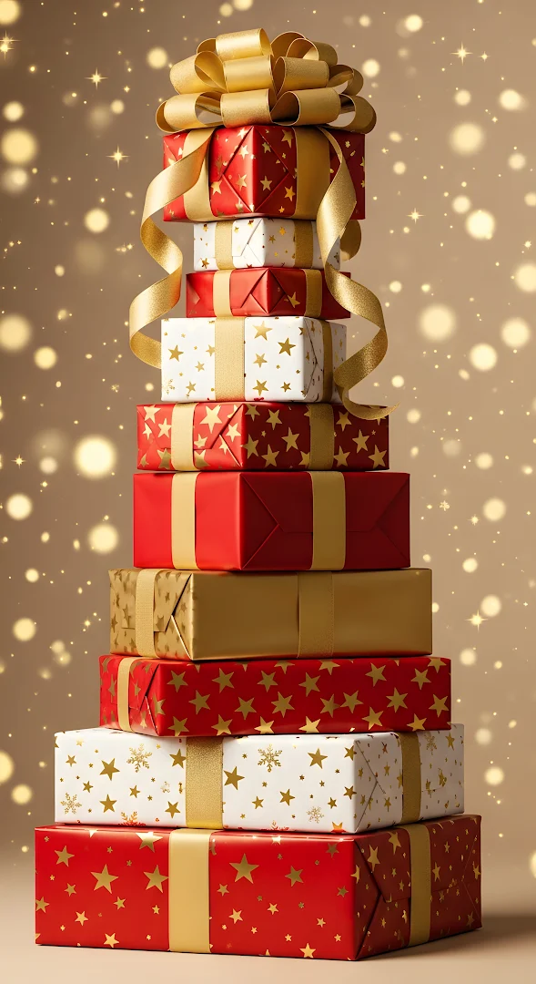 Towering Stack of Red and Gold Christmas Gifts