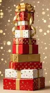 Towering Stack of Red and Gold Christmas Gifts
