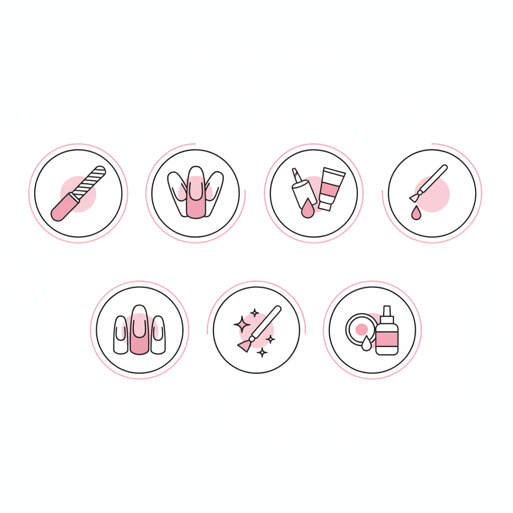 Minimalistische 2D-Vektor-Infografik mit sieben Icons zu Gel-Nägel-Schritten (Vorbereiten, Tip wählen, Kleben, Base, Farbschichten, Topcoat, Entfernen) — Wie mache ich Gel Nägel zu Hause?