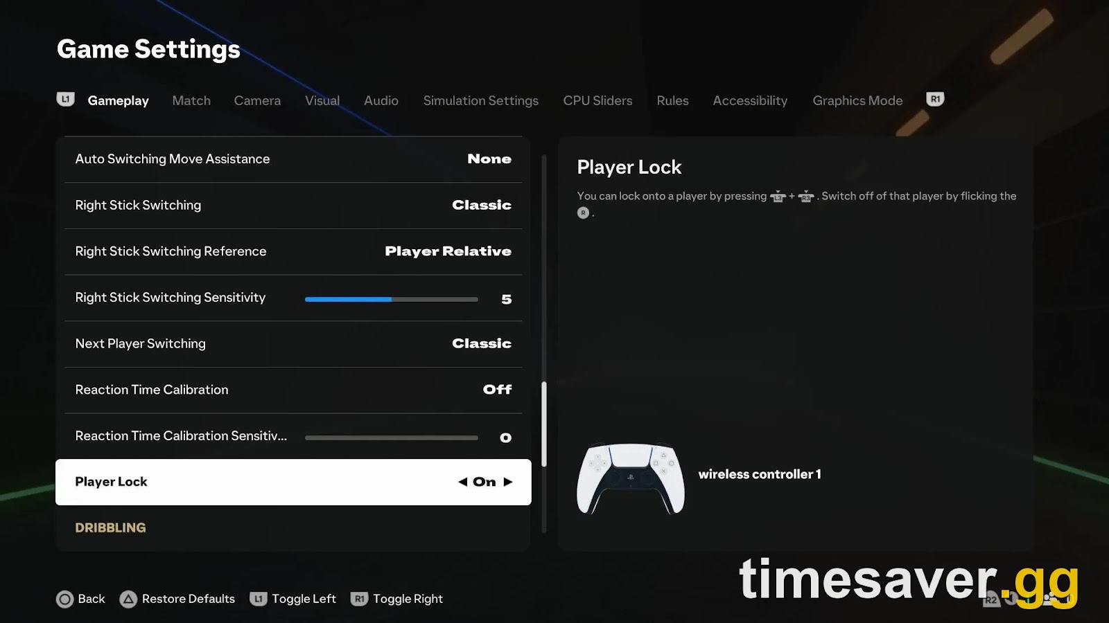 EA FC 26 in-game Game Settings menu on PS5, where you adjust gameplay and graphics options to reduce delay