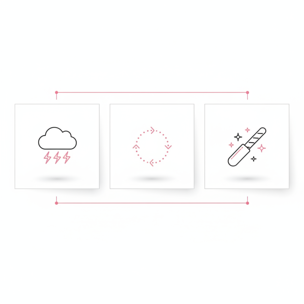 Minimalistische 2D-Vektorinfografik zu Nägelkauen bei Stress mit drei horizontalen Icons (Wolke für Stress, Kreis-Pfeil für Gewohnheit, Nagelfeile mit Funkeln) in NailX-Farben #FFFFFF und #f57fb6.