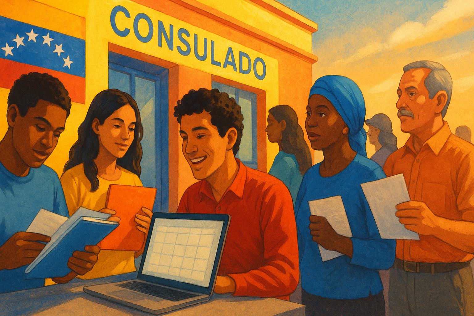 Venezolanos en consulado organizando documentos para citas SAIME en el exterior