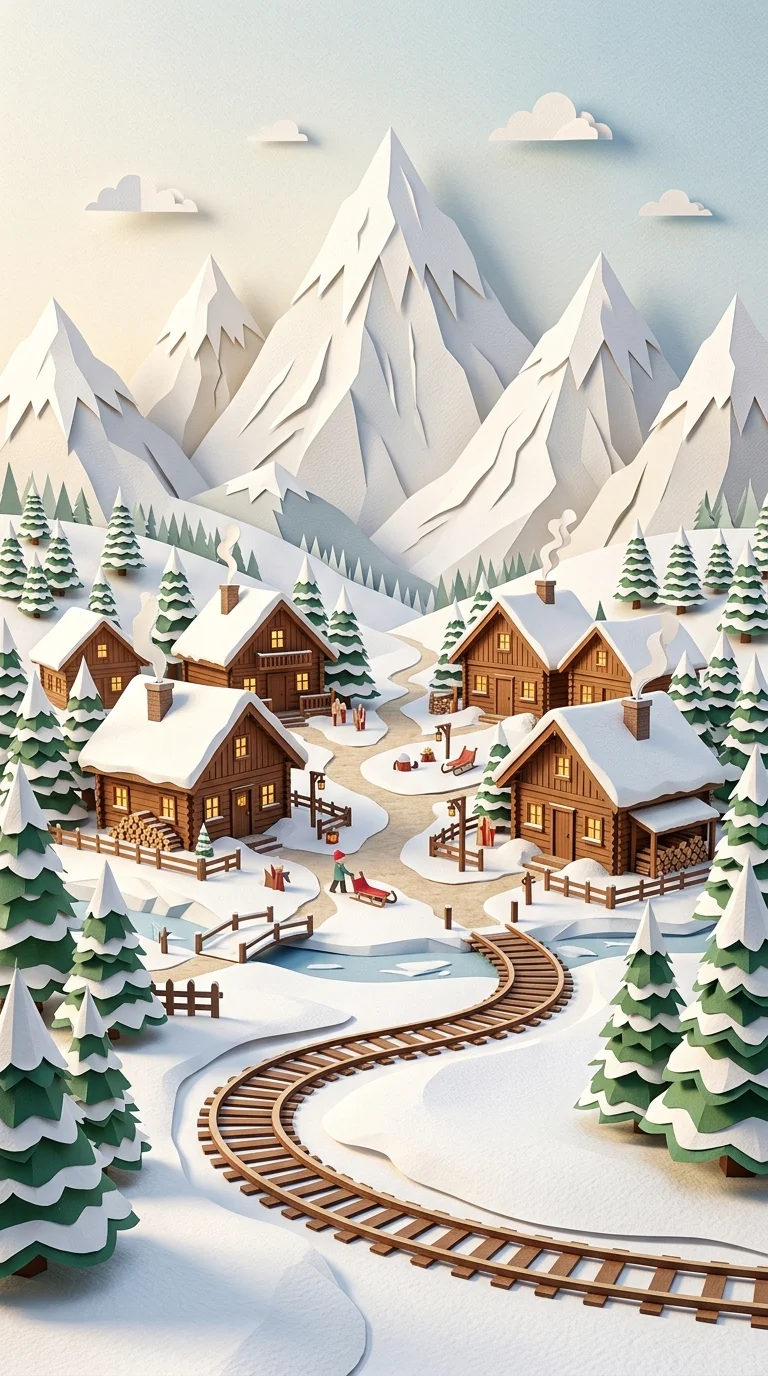 Aesthetic Papercraft Snowy Mountain Village Background - Free 4K mobile Wallpaper