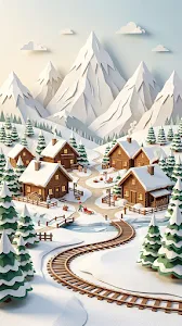 Aesthetic Papercraft Snowy Mountain Village Background