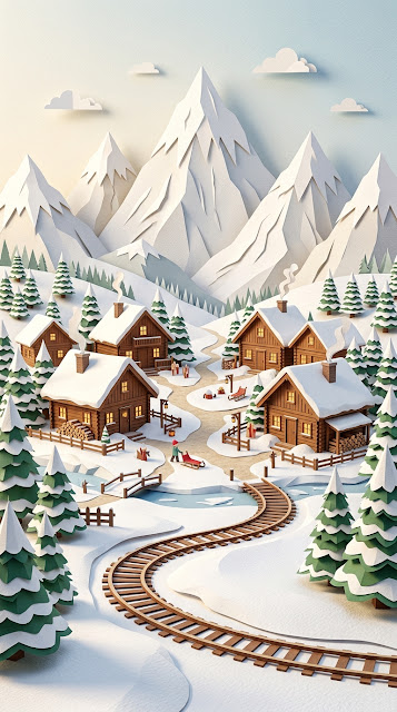Aesthetic Papercraft Snowy Mountain Village Background - Free mobile Wallpaper
