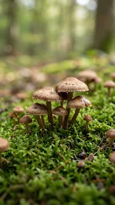 Tiny Brown Mushrooms Growing in Moss