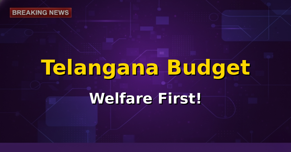 An infographic representing the Telangana state budget with upward arrows symbolizing growth, alongside icons for welfare schemes like housing, farming, and women's empowerment.