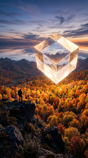 Surreal Floating Glowing Cube Over an Autumn Forest with Hiker - Free mobile Wallpaper