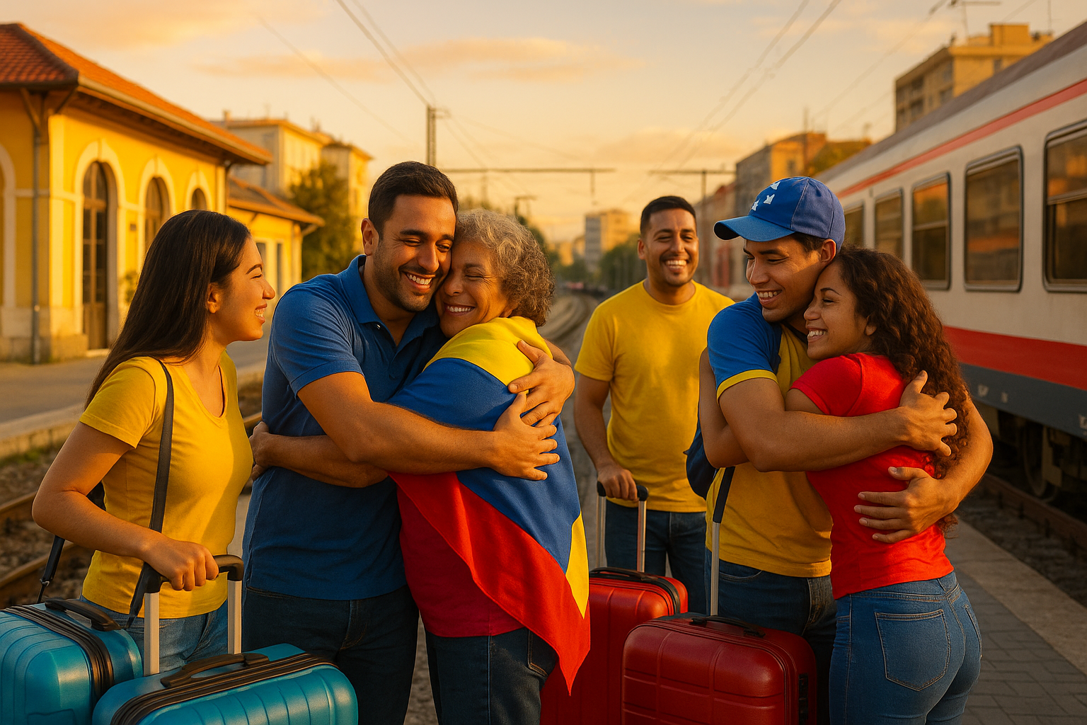 Venezolanos sonrientes con maletas en una estación de tren de una ciudad pequeña.