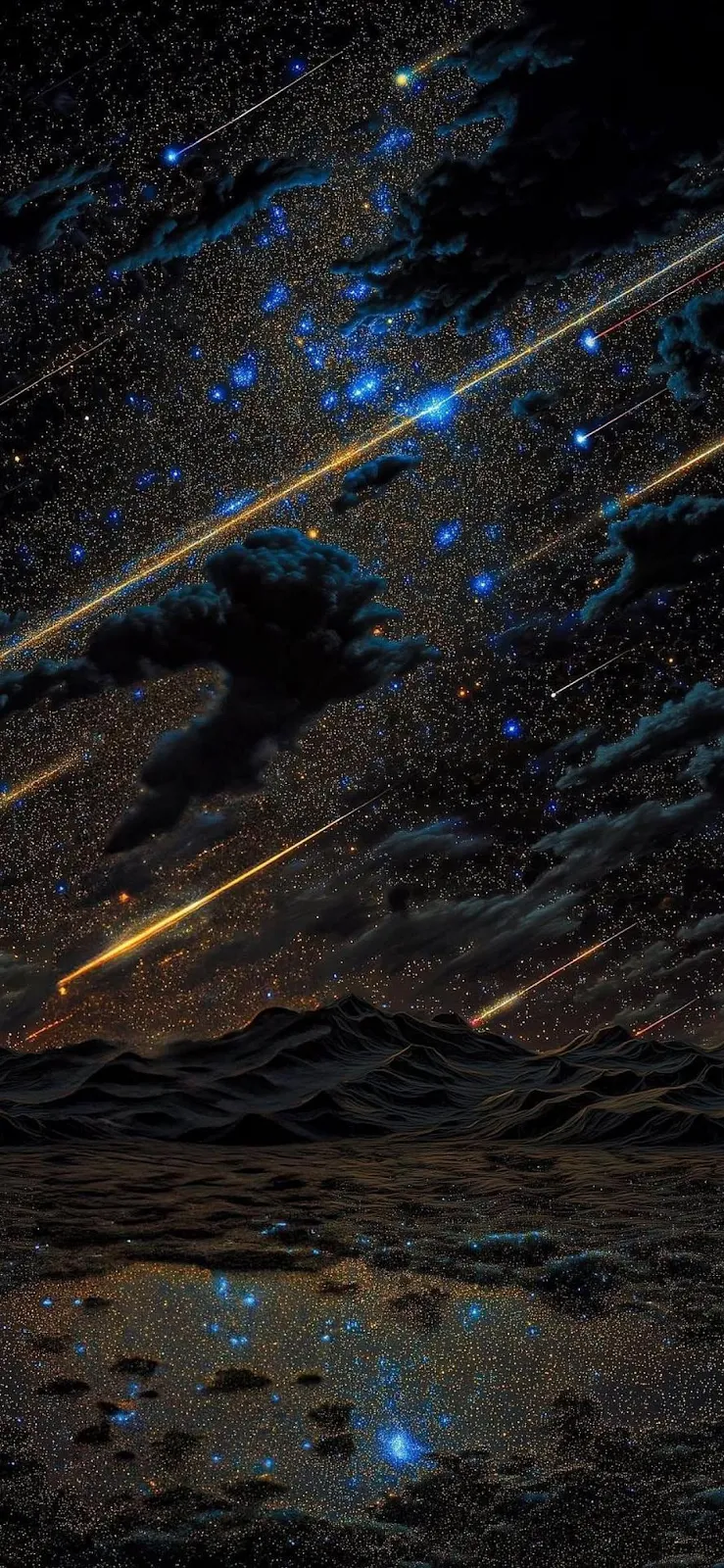 Meteor Shower Over Desert Mountains - Digital Illustration Full HD iPhone Wallpaper (1090x2360)