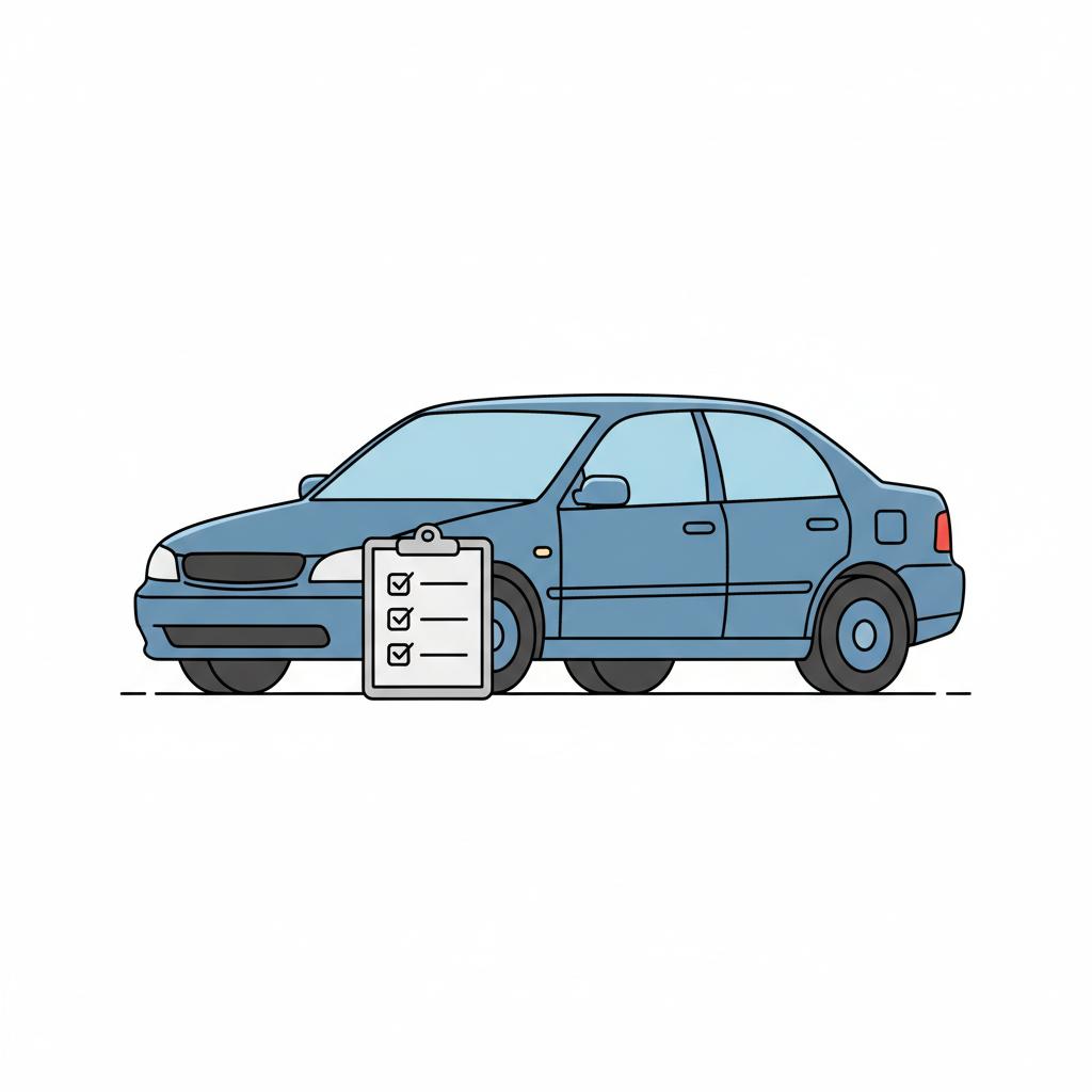 Minimalist 2D vector of a used sedan with an inspection clipboard leaning by the front wheel suggesting a chevy malibu for sale in CarFax Deals blue and black colors