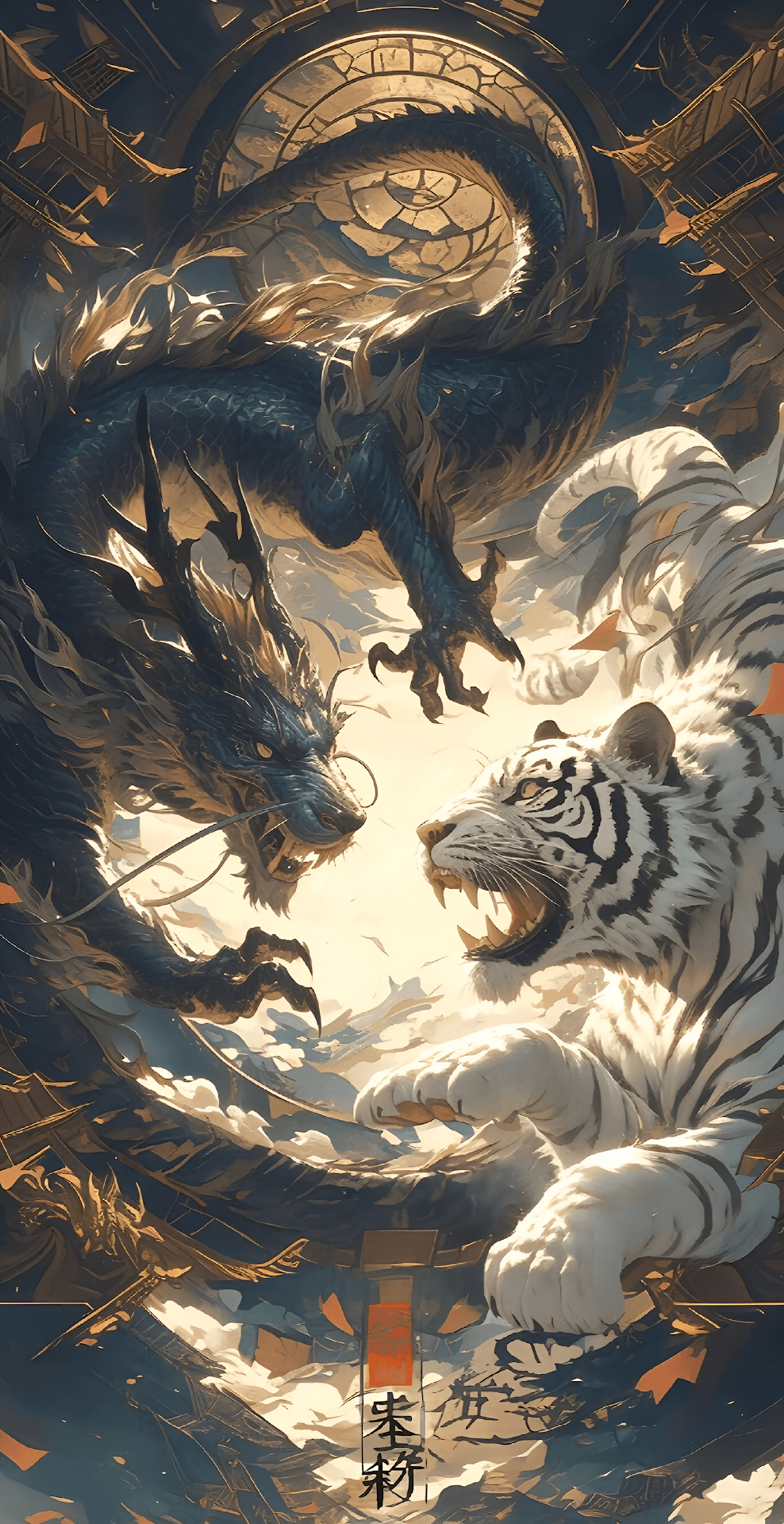 Mythic Dragon Tiger Conflict Art Celestial Beasts - Free 4K mobile Wallpaper