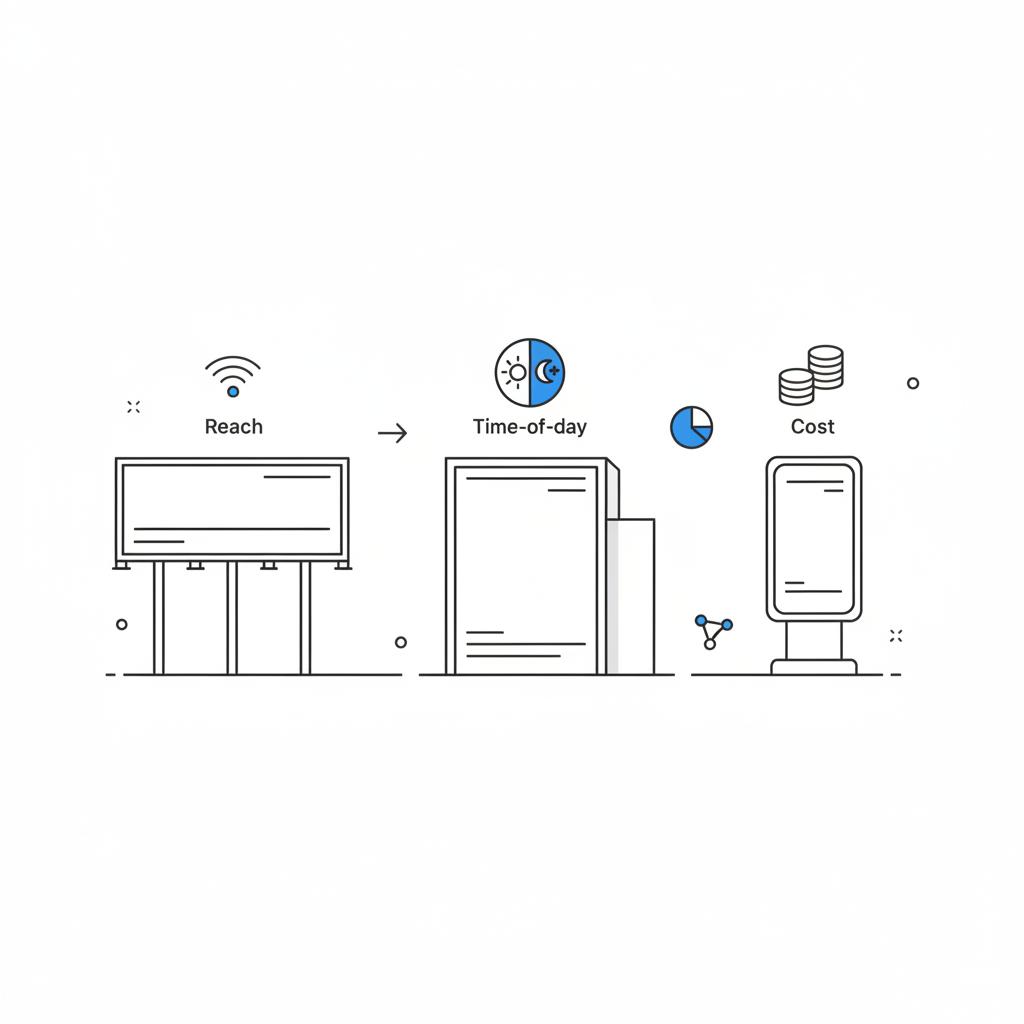 Minimal vector illustration of three billboard types (roadside, wallscape, digital kiosk) with blue icons for reach, time-of-day, and cost on white background &mdash; what are billboard ads