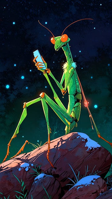 Cartoon Praying Mantis Using Smartphone Under Starry Night - Free mobile Wallpaper