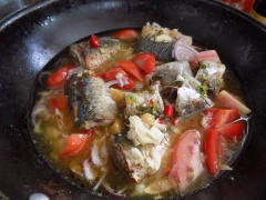 Đun nóng 2 muỗng canh dầu ăn, cho cá vào chiên vàng đều hai mặt. Sau khi cá vàng đều hai mặt thì cho hành, tỏi vào đảo khoảng vài giây thì tắt bếp. Chuyển cá sang nồi đất hoặc nồi kho cá, cho thêm cà chua và đổ hỗn hợp nước gia vị kho cá vào, đậy vung nồi lại và đun nhỏ lửa.