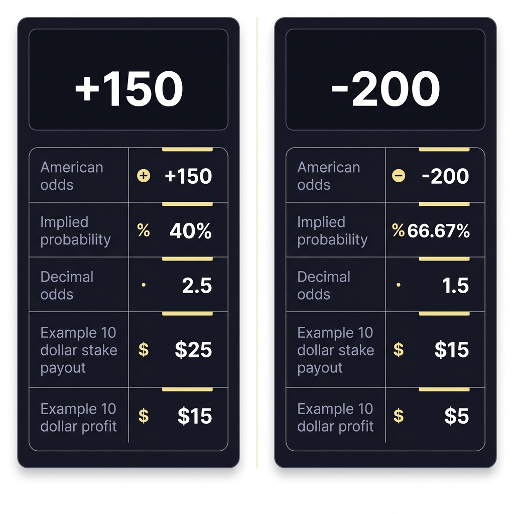 Minimalist side by side table showing How American Odds Work comparing +150 and -200 with implied probability decimal odds and example 10 dollar stakes on a dark Funded Plays style background
