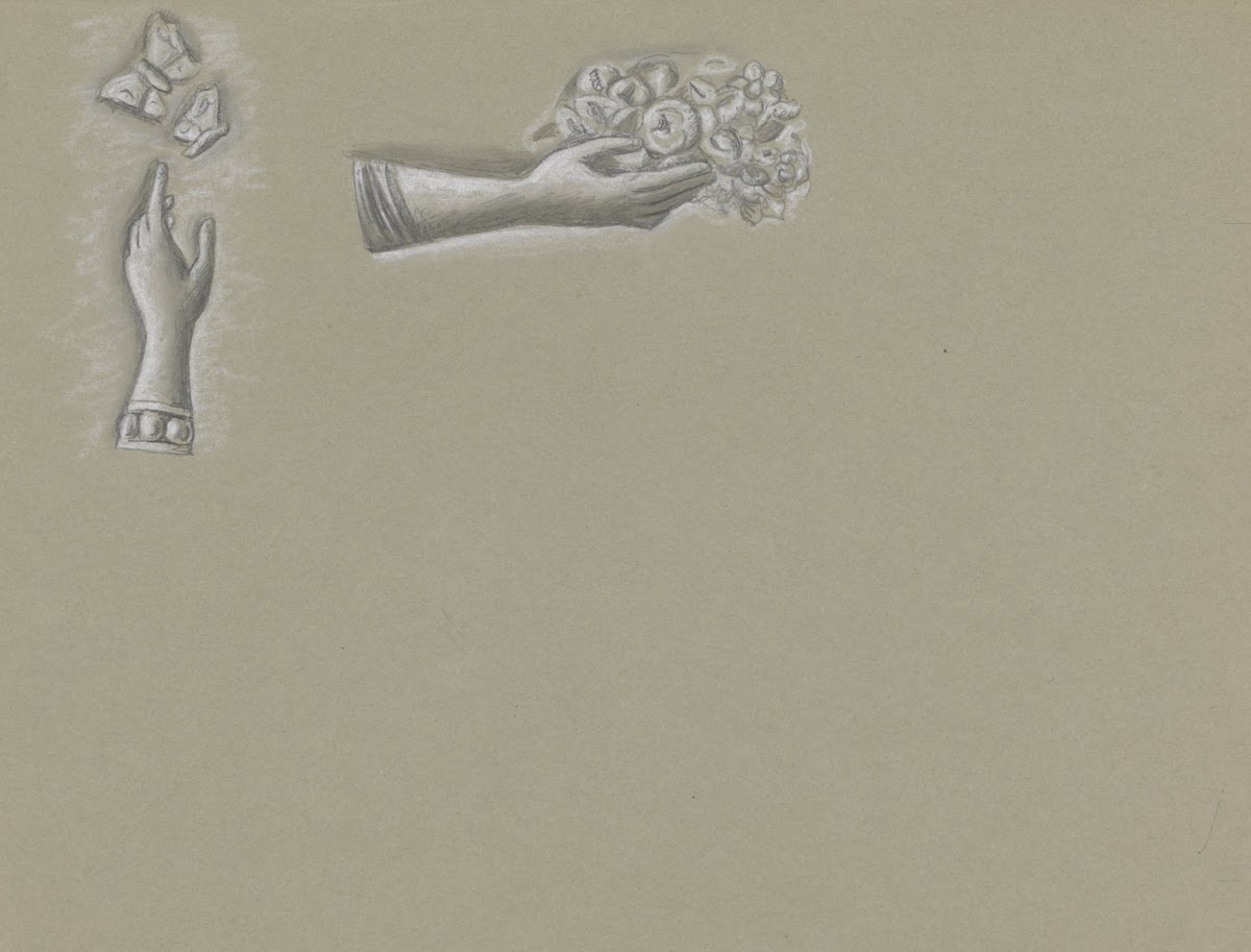 Ontwerp voor watermerk van bankbiljet een hand met bloemen een hand met vlinders